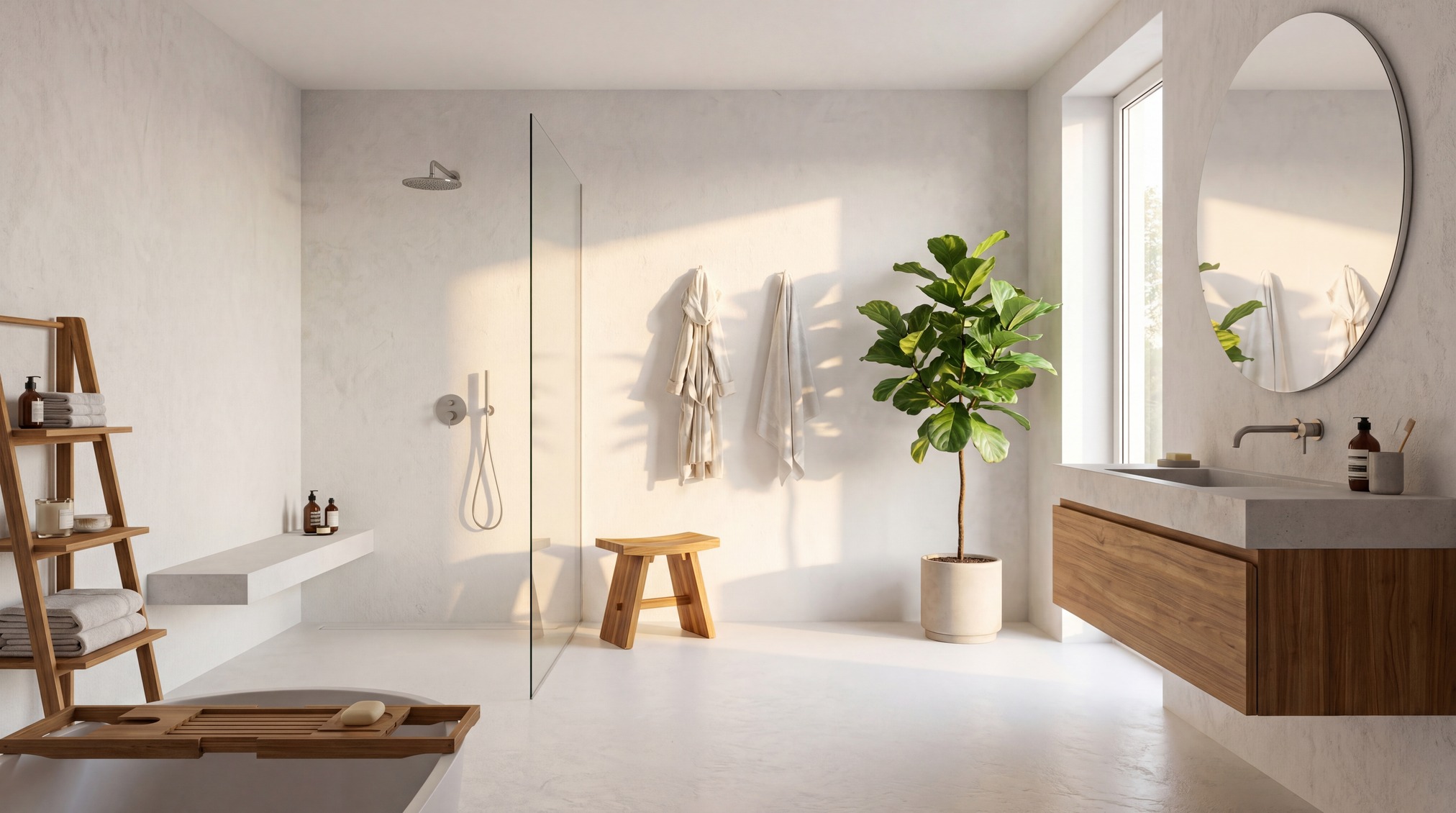 Inspirace koupelna s betonovou stěrkou v bílém odstínu — světlá moderní koupelna bez obkladů
